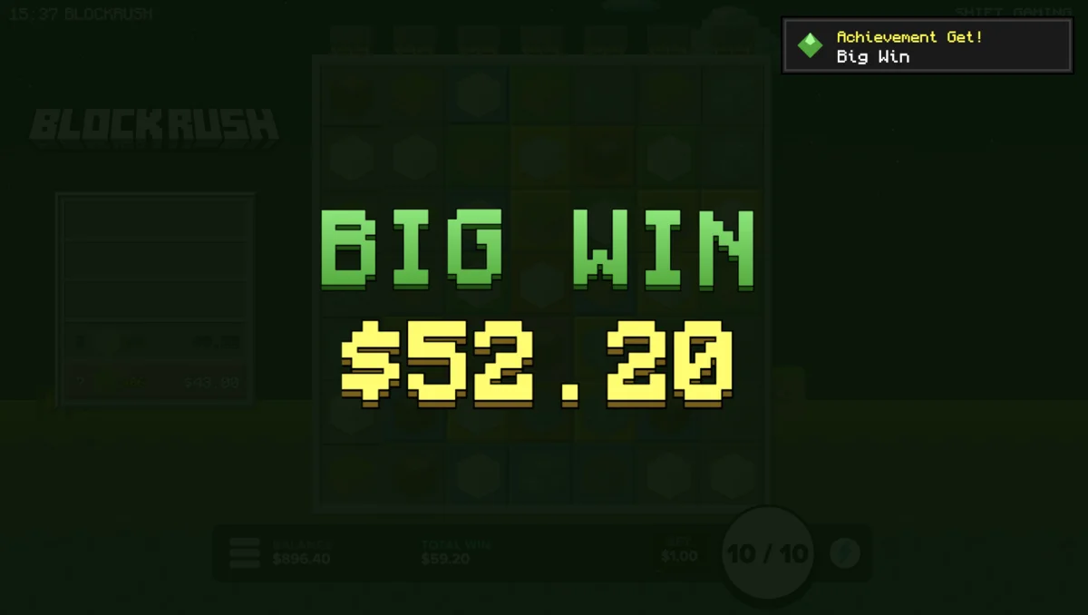 Block Rush Big Win screen showing $52.20 win