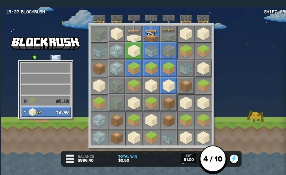 Block Rush bonus round showing night-time atmosphere with free spins counter and multiplier cells active