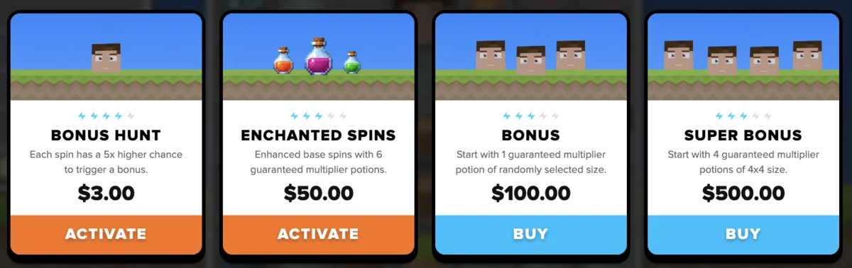 Block Rush Buy Bonus menu showing four purchase options