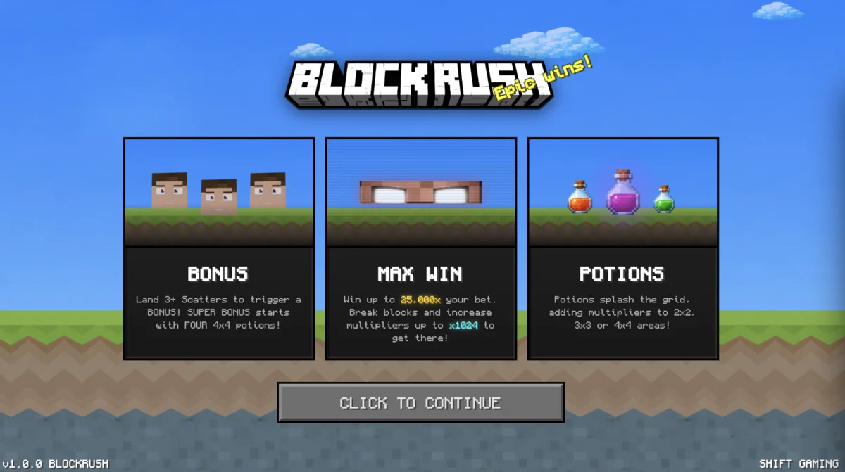 Block Rush game info screen showing Bonus, Max Win, and Potions features