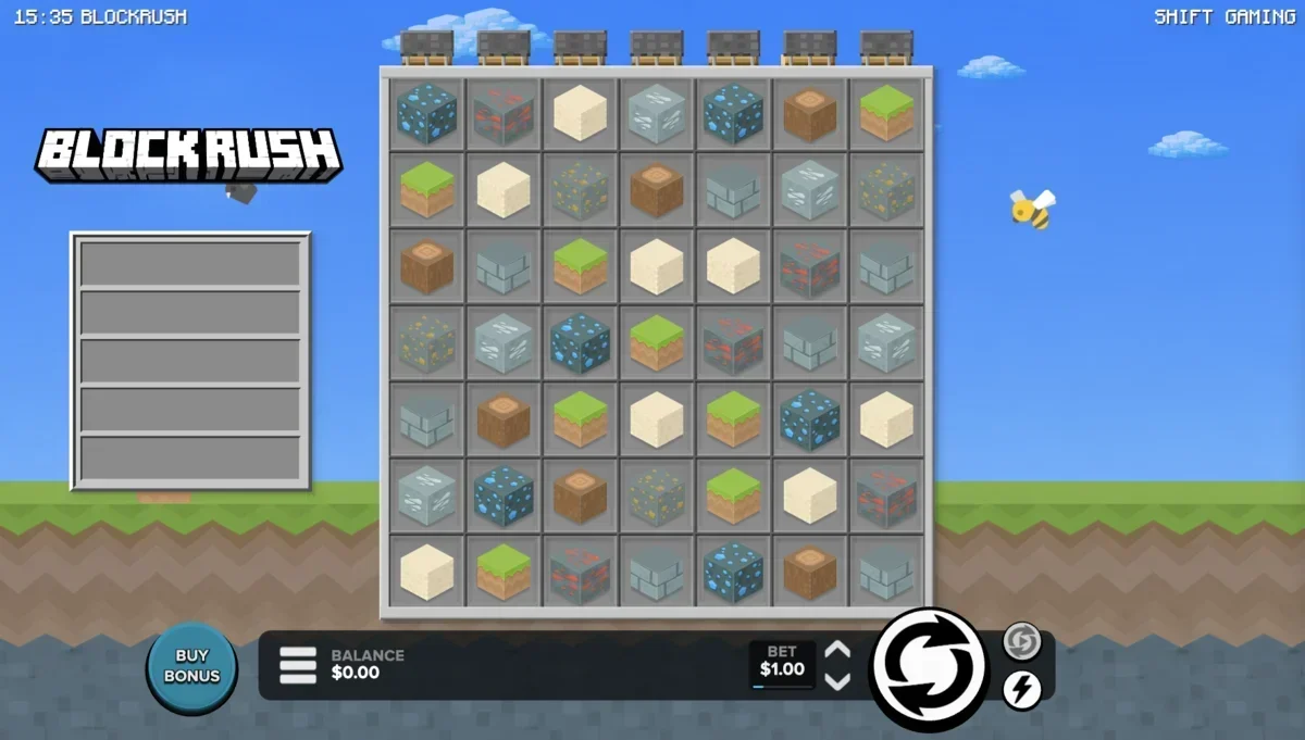 Block Rush slot main gameplay screen showing 8x8 grid with Minecraft-style blocks and multipliers